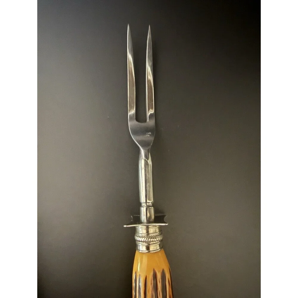 Vintage Sheffield England Carving Set Antler Style Handle Knife Fork Sharpener